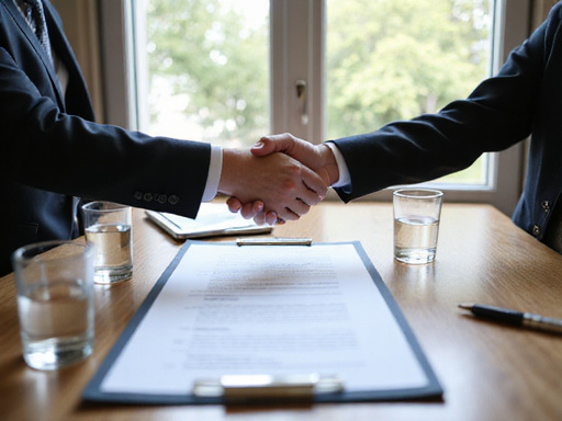Hands shaking over a contract