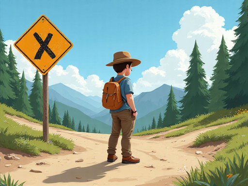 Lost traveler looking at a broken road sign